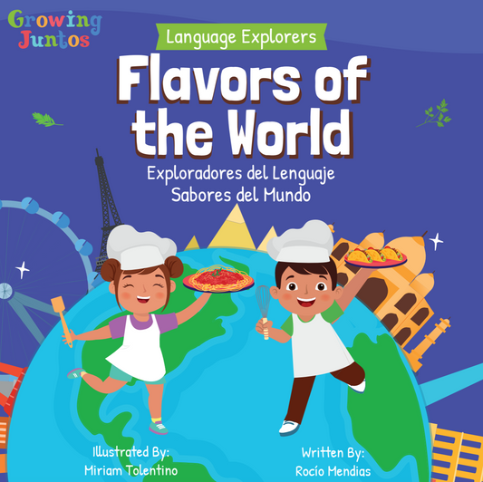 Book cover, two children dressed as chefs holding food, image of earth as a background, blue cover