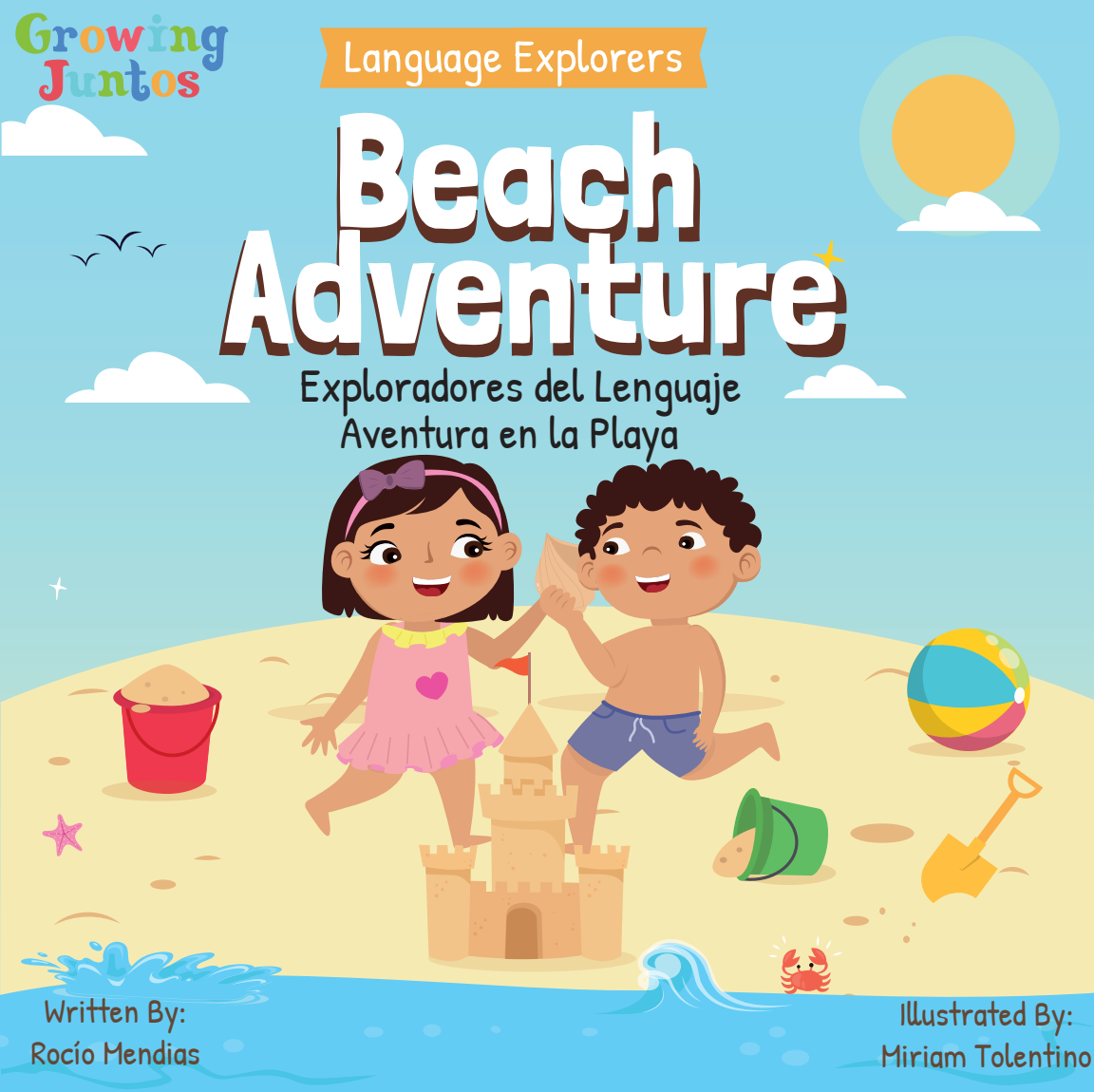 Book cover, two children playing at the beach