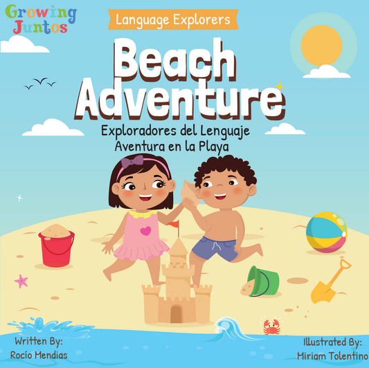 Book cover, two children playing at the beach