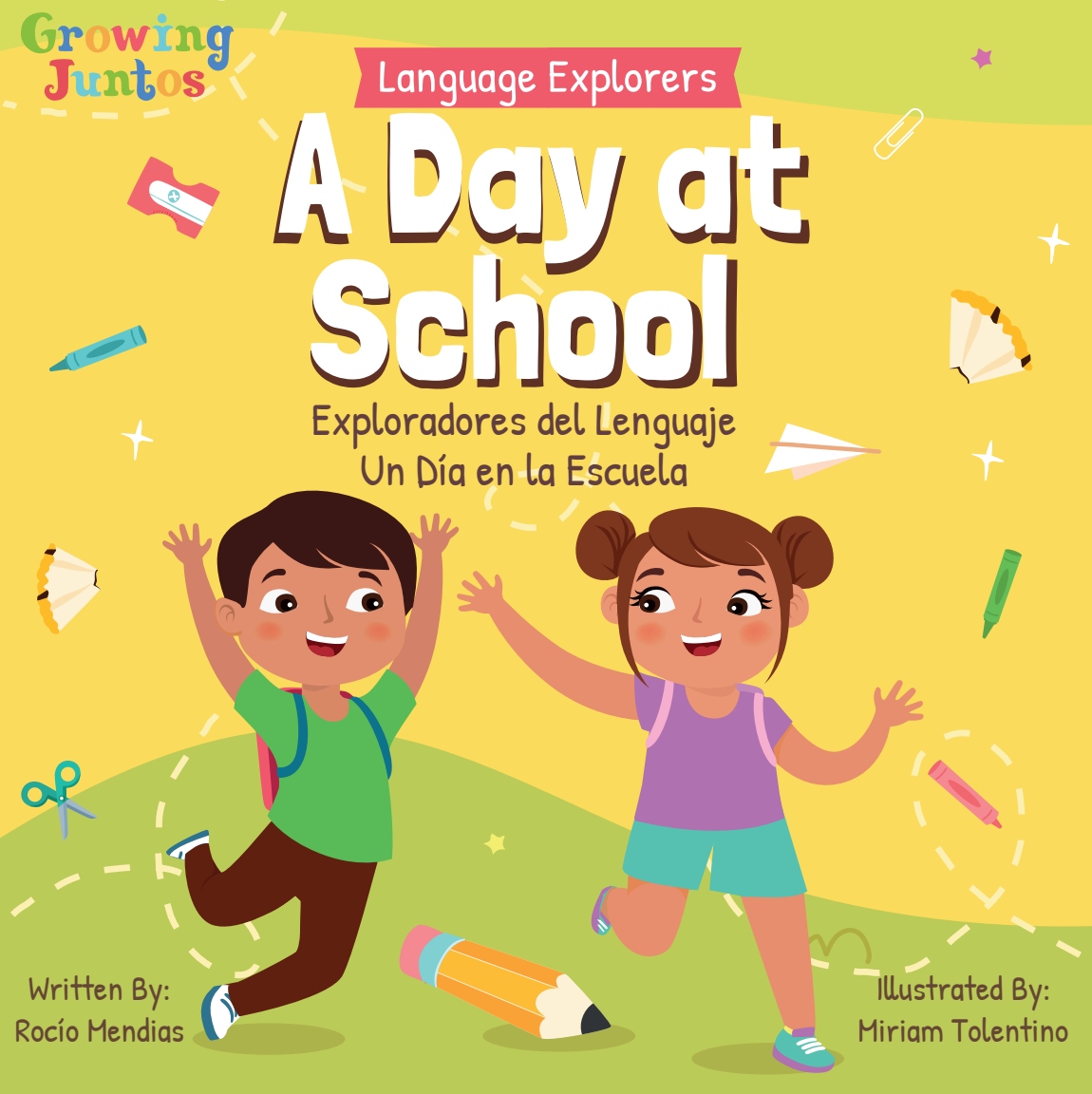 Book cover,  yellow and green background, two children playing with school supplies around them
