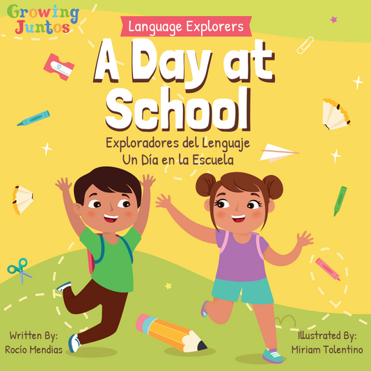 Book cover,  yellow and green background, two children playing with school supplies around them