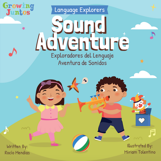 Book cover, two children playing outside with various toys